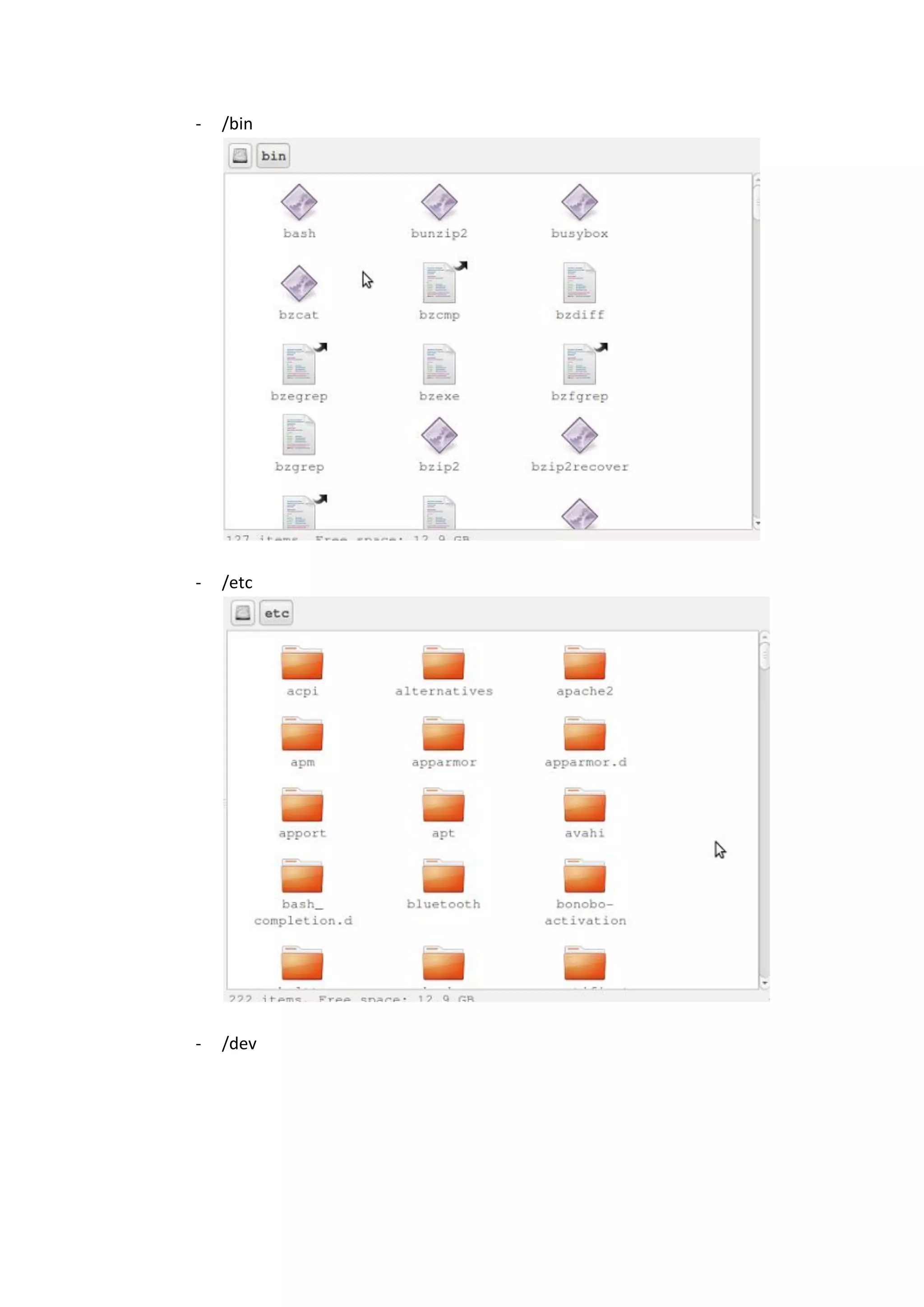 - /bin
- /etc
- /dev
 