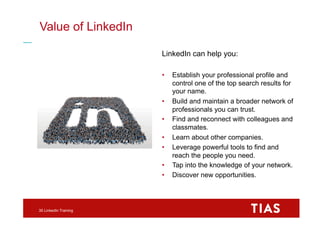 The LinkedIn ecosystem
37 Training online networking skills
Source:	
  h*p://www.webds.com/blog/social-­‐media/the-­‐ecosy...