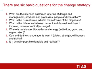 There are six basic questions for the change strategy
1. What are the intended outcomes in terms of design and
management, products and processes, people and interaction?
2. What is the current state, what is the outcome of the diagnosis?
3. What is the difference between current and desired and does it
improve, renew or radically change?
4. Where is resistance, blockades and energy (individual, group and
organization)?
5. Can and do the change agents want it (vision, strength, willingness
and skills)?
6. Is it actually possible (feasible and realistic)?
 