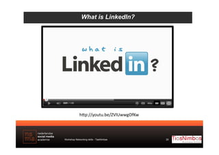 What is LinkedIn?

h#p://youtu.be/ZVlUwwgOfKw	
  

Workshop Networking skills - TiasNimbas

29

 