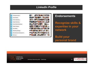 LinkedIn Profile

Endorsements
Recognize skills &
expertise in your
network
Build your
personal brand

Workshop Networking...