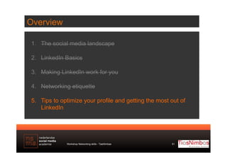 Overview
1.  The social media landscape
2.  LinkedIn Basics
3.  Making LinkedIn work for you
4.  Networking etiquette
5.  ...