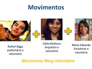 Rafael Ziggy
publicitário e
voluntário
Cátia Kitahara
Arquiteta e
voluntária
Maria Eduarda
Estudante e
voluntária
Movimento Blog Voluntário
Movimentos
 