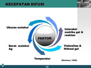 KECEPATAN DIFUSIUkuran molekulInteraksi matriks gel &reaktanFAKTORViskositas &Hidrasi gelBerat  molekul AgTemperatur13(Sheehan, 1990)