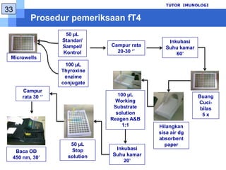 PEMERIKSAAN T4TUTOR  IMUNOLOGIdisintesisdandisimpandalamkelenjartiroid>99% terikat, pada :Thyroxine binding globulin (TBG) 70%