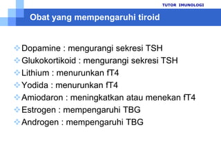 PEMERIKSAAN TSHTUTOR  IMUNOLOGIBACDE26disekresiolehlobus anterior kelenjarhipofisis(pituitary)mempengaruhiproduksidanpelepasan T3 dan T4 darikelenjartiroidsensitifuntukmendiagnosishipotiroidisme primer atausekunderTSHglikoprotein, BM  ± 28.000 daltonterdiridari 2 subunit  : alphadanbeta.