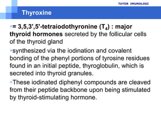 PEMERIKSAAN FREE T4TUTOR  IMUNOLOGI31T4 berikatandengan protein serumHanya 0,03% T4 yang bebas, disebutsebagaiFree T4 (fT4), merupakanmetabolikaktifHipertiroidisme primer -> produksi T4 >>-> kadar fT4 >>Hipotiroidisme primer -> produksi T4 < -> kadar fT4 <Kadar T4 total tergantungkadar TBG Kadar TBG dipengaruhioleh : obat, hormon steroid, kehamilan, danpenyakit non tiroid. Pemeriksaan fT4 : untukmengetahuikeseimbanganantara T4 bebasdan T4 yang terikat TBGMetodeinidapatmenggambarkan status tiroidsecaraumumdengansatumacampemeriksaan.