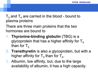 Obat yang mempengaruhitiroidDopamine : mengurangisekresi TSHGlukokortikoid : mengurangisekresi TSHLithium : menurunkan fT4Yodida : menurunkan fT4Amiodaron : meningkatkanataumenekan fT4Estrogen : mempengaruhi TBGAndrogen : mempengaruhi TBGTUTOR  IMUNOLOGI
