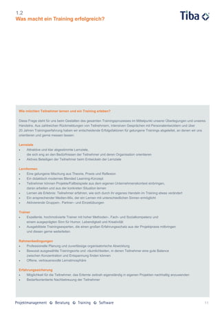 1.2
Was macht ein Training erfolgreich?




 Wie möchten Teilnehmer lernen und ein Training erleben?

 Diese Frage steht für uns beim Gestalten des gesamten Trainingsprozesses im Mittelpunkt unserer Überlegungen und unseres
 Handelns. Aus zahlreichen Rückmeldungen von Teilnehmern, intensiven Gesprächen mit Personalentwicklern und über
 20 Jahren Trainingserfahrung haben wir entscheidende Erfolgsfaktoren für gelungene Trainings abgeleitet, an denen wir uns
 orientieren und gerne messen lassen:

 Lernziele
    Attraktive und klar abgestimmte Lernziele,
     die sich eng an den Bedürfnissen der Teilnehmer und deren Organisation orientieren
    Aktives Beteiligen der Teilnehmer beim Entwickeln der Lernziele

 Lernformen
     Eine gelungene Mischung aus Theorie, Praxis und Reflexion
     Ein didaktisch modernes Blended Learning-Konzept
     Teilnehmer können Projekte/Fallbeispiele aus dem eigenen Unternehmenskontext einbringen,
      daran arbeiten und aus der konkreten Situation lernen
     Lernen als Erlebnis: Teilnehmer erfahren, wie sich durch ihr eigenes Handeln im Training etwas verändert
     Ein ansprechender Medien-Mix, der ein Lernen mit unterschiedlichen Sinnen ermöglicht
     Aktivierende Gruppen-, Partner– und Einzelübungen

 Trainer
     Exzellente, hochmotivierte Trainer mit hoher Methoden-, Fach- und Sozialkompetenz und
      einem ausgeprägten Sinn für Humor, Lebendigkeit und Kreativität
     Ausgebildete Trainingsexperten, die einen großen Erfahrungsschatz aus der Projektpraxis mitbringen
      und diesen gerne weiterleiten

 Rahmenbedingungen
    Professionelle Planung und zuverlässige organisatorische Abwicklung
    Bewusst ausgewählte Trainingsorte und -räumlichkeiten, in denen Teilnehmer eine gute Balance
     zwischen Konzentration und Entspannung finden können
    Offene, vertrauensvolle Lernatmosphäre

 Erfahrungssicherung
     Möglichkeit für die Teilnehmer, das Erlernte zeitnah eigenständig in eigenen Projekten nachhaltig anzuwenden
     Bedarfsorientierte Nachbetreuung der Teilnehmer




                                                                                                                         11
 