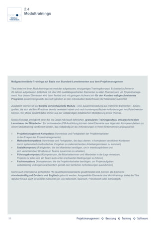2.4
                Modultrainings




     Maßgeschneiderte Trainings auf Basis von Standard-Lernelementen aus dem Projektmanagement

     Tiba bietet mit ihren Modultrainings ein modular aufgebautes, einzigartiges Trainingskonzept. Es basiert auf einer in
     20 Jahren aufgebauten Bibliothek mit über 200 qualitätsgesicherten Elementen zu allen Themen rund um Projektmanage-
     ment. Aus diesen Elementen wird dann flexibel und mit geringem Aufwand ein für den Kunden maßgeschneidertes
     Programm zusammengestellt, das sich gänzlich an den individuellen Bedürfnissen der Mitarbeiter ausrichtet.

     Zusätzlich können wir auf bereits vorkonfigurierte Module - eine Zusammenstellung aus mehreren Elementen - zurück-
     greifen, die sich als Best-Practices bereits bewiesen haben und nach kundenspezifischen Anforderungen modifiziert werden
     können. Ein Modul besteht dabei immer aus der vollständigen didaktischen Modellierung eines Themas.

     Dieses Konzept ermöglicht einen bis ins Detail individuell definierten, granularen Trainingsaufbau entsprechend dem
     Lernniveau der Mitarbeiter. Zur umfassenden PM-Ausbildung können dabei Elemente aus folgenden Kompetenzfeldern zu
     einem Modultraining kombiniert werden, das vollständig an die Anforderungen in Ihrem Unternehmen angepasst ist:

         Projektmanagement-Kompetenz (Kenntnisse und Fertigkeiten der Projektmitarbeiter
          in den Fragen des Projektmanagements)
         Methodenkompetenz (Kenntnisse und Fertigkeiten, die dazu dienen, in komplexen beruflichen Kontexten
          durch systematisch-methodisches Vorgehen zu zielerreichenden Arbeitsergebnissen zu kommen)
         Sozialkompetenz (Fähigkeiten, die die Mitarbeiter benötigen, um in interdisziplinären und
          sich verändernden Strukturen in Teams zusammen zu arbeiten)
         Führungskompetenz (Kompetenzen, die Mitarbeiterinnen und Mitarbeiter in die Lage versetzen,
          Projekte zu leiten und ein Team auch unter erschwerten Bedingungen zu führen)
         Fachkompetenz (Kompetenzen, die die Projektmitarbeiter benötigen, um Projektaufgaben
          selbstständig und eigenverantwortlich gemäß den fachlichen Anforderungen auszuführen)

     Damit auch international einheitliche PM-Qualifikationsstandards gewährleistet sind, können alle Elemente
     standardmäßig auf Deutsch und Englisch gebucht werden. Ausgewählte Elemente des Modultrainings bietet die Tiba
     darüber hinaus auch in weiteren Sprachen an, wie Italienisch, Spanisch, Französisch oder Schwedisch.




38
 