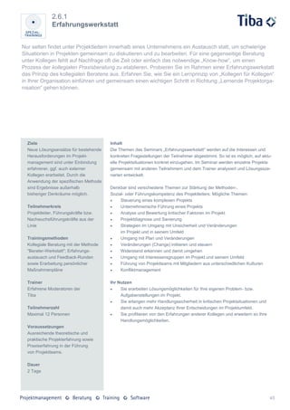 2.6.1
              Erfahrungswerkstatt


Nur selten findet unter Projektleitern innerhalb eines Unternehmens ein Austausch statt, um schwierige
Situationen in Projekten gemeinsam zu diskutieren und zu bearbeiten. Für eine gegenseitige Beratung
unter Kollegen fehlt auf Nachfrage oft die Zeit oder einfach das notwendige „Know-how“, um einen
Prozess der kollegialen Praxisberatung zu etablieren. Probieren Sie im Rahmen einer Erfahrungswerkstatt
das Prinzip des kollegialen Beratens aus. Erfahren Sie, wie Sie ein Lernprinzip von „Kollegen für Kollegen“
in Ihrer Organisation einführen und gemeinsam einen wichtigen Schritt in Richtung „Lernende Projektorga-
nisation“ gehen können.




  Ziele                                 Inhalt
  Neue Lösungsansätze für bestehende    Die Themen des Seminars „Erfahrungswerkstatt“ werden auf die Interessen und
  Herausforderungen im Projekt-         konkreten Fragestellungen der Teilnehmer abgestimmt. So ist es möglich, auf aktu-
  management sind unter Einbindung      elle Projektsituationen konkret einzugehen. Im Seminar werden einzelne Projekte
  erfahrener, ggf. auch externer        gemeinsam mit anderen Teilnehmern und dem Trainer analysiert und Lösungssze-
  Kollegen erarbeitet. Durch die        narien entwickelt.
  Anwendung der spezifischen Methode
  sind Ergebnisse außerhalb             Denkbar sind verschiedene Themen zur Stärkung der Methoden-,
  bisheriger Denkräume möglich.         Sozial- oder Führungskompetenz des Projektleiters. Mögliche Themen:
                                            Steuerung eines komplexen Projekts
  Teilnehmerkreis                           Unternehmerische Führung eines Projekts
  Projektleiter, Führungskräfte bzw.        Analyse und Bewertung kritischer Faktoren im Projekt
  Nachwuchsführungskräfte aus der           Projektdiagnose und Sanierung
  Linie                                     Strategien im Umgang mit Unsicherheit und Veränderungen
                                             im Projekt und in seinem Umfeld
  Trainingsmethoden                         Umgang mit Plan und Veränderungen
  Kollegiale Beratung mit der Methode       Veränderungen (Change) initiieren und steuern
  "Berater-Werkstatt"; Erfahrungs-          Widerstand erkennen und damit umgehen
  austausch und Feedback-Runden             Umgang mit Interessensgruppen im Projekt und seinem Umfeld
  sowie Erarbeitung persönlicher            Führung von Projektteams mit Mitgliedern aus unterschiedlichen Kulturen
  Maßnahmenpläne                            Konfliktmanagement

  Trainer                               Ihr Nutzen
  Erfahrene Moderatoren der                 Sie erarbeiten Lösungsmöglichkeiten für Ihre eigenen Problem- bzw.
  Tiba                                       Aufgabenstellungen im Projekt.
                                            Sie erlangen mehr Handlungssicherheit in kritischen Projektsituationen und
  Teilnehmerzahl                             damit auch mehr Akzeptanz Ihrer Entscheidungen im Projektumfeld.
  Maximal 12 Personen                       Sie profitieren von den Erfahrungen anderer Kollegen und erweitern so Ihre
                                             Handlungsmöglichkeiten.
  Voraussetzungen
  Ausreichende theoretische und
  praktische Projekterfahrung sowie
  Praxiserfahrung in der Führung
  von Projektteams.

  Dauer
  2 Tage




                                                                                                                          45
 