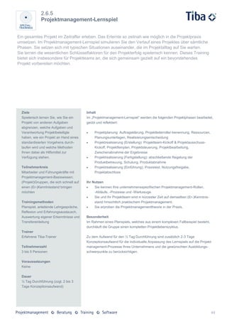 2.6.5
              Projektmanagement-Lernspiel


Ein gesamtes Projekt im Zeitraffer erleben. Das Erlernte so zeitnah wie möglich in die Projektpraxis
umsetzen. Im Projektmanagement-Lernspiel simulieren Sie den Verlauf eines Projektes über sämtliche
Phasen. Sie setzen sich mit typischen Situationen auseinander, die im Projektalltag auf Sie warten.
Sie lernen die wesentlichen Schlüsselfaktoren für den Projekterfolg spielerisch kennen. Dieses Training
bietet sich insbesondere für Projektteams an, die sich gemeinsam gezielt auf ein bevorstehendes
Projekt vorbereiten möchten.




  Ziele                                    Inhalt
  Spielerisch lernen Sie, wie Sie ein      Im „Projektmanagement-Lernspiel“ werden die folgenden Projektphasen bearbeitet,
  Projekt von anderen Aufgaben             geübt und reflektiert:
  abgrenzen, welche Aufgaben und
  Verantwortung Projektbeteiligte              Projektplanung: Auftragsklärung, Projektleiterrolle/-benennung, Ressourcen,
  haben, wie ein Projekt an Hand eines          Planungsunterlagen, Realisierungsentscheidung
  standardisierten Vorgehens durch-            Projektrealisierung (Erstellung): Projektteam-Kickoff & Projektausschuss-
  laufen wird und welche Methoden               Kickoff, Projektfeinplan, Projektsteuerung, Projektbearbeitung,
  Ihnen dabei als Hilfsmittel zur               Zwischenabnahme der Ergebnisse
  Verfügung stehen.                            Projektrealisierung (Fertigstellung): abschließende Regelung der
                                                Produktbetreuung, Schulung, Produktabnahme
  Teilnehmerkreis                              Projektrealisierung (Einführung): Praxistest, Nutzungsfreigabe,
  Mitarbeiter und Führungskräfte mit            Projektabschluss
  Projektmanagement-Basiswissen;
  (Projekt)Gruppen, die sich schnell auf   Ihr Nutzen
  einen (Er-)Kenntnisstand bringen             Sie kennen Ihre unternehmensspezifischen Projektmanagement-Rollen,
  möchten                                       -Abläufe, -Prozesse und -Werkzeuge.
                                               Sie und Ihr Projektteam sind in kürzester Zeit auf demselben (Er-)Kenntnis-
  Trainingsmethoden                             stand hinsichtlich praktischem Projektmanagement.
  Planspiel, anleitende Lehrgespräche,         Sie erproben die Projektmanagementtheorie in der Praxis.
  Reflexion und Erfahrungsaustausch,
  Auswertung eigener Erkenntnisse und      Besonderheit
  Transfereinleitung                       Im Rahmen eines Planspiels, welches aus einem komplexen Fallbeispiel besteht,
                                           durchläuft die Gruppe einen kompletten Projektlebenszyklus.
  Trainer
  Erfahrene Tiba-Trainer                   Zu dem Aufwand für den ½ Tag Durchführung sind zusätzlich 2-3 Tage
                                           Konzeptionsaufwand für die individuelle Anpassung des Lernspiels auf die Projekt-
  Teilnehmerzahl                           management-Prozesse Ihres Unternehmens und die gewünschten Ausbildungs-
  3 bis 5 Personen                         schwerpunkte zu berücksichtigen.

  Voraussetzungen
  Keine

  Dauer
  ½ Tag Durchführung (zzgl. 2 bis 3
  Tage Konzeptionsaufwand)




                                                                                                                              49
 