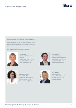 7
Kontakt: Ihr Weg zu uns




  Sie interessieren sich für unser Trainingsangebot?

  Gerne beraten wir Sie um mit Ihnen den Bedarf zu be-
  stimmen und die geeignete Trainingslösung zu definie-
  ren.

  Ihre Ansprechpartner für Tiba-Trainings:



                         Linda Wälte                      Dieter Jäckel
                         Leiterin Geschäftsbereich        Support Manager
                         Produkte                         Blended Learning/eLearning
                         Telefon 089 / 89 31 61 – 72      Telefon 089 / 89 31 61 – 33
                         Fax 089 / 89 31 61 – 20          Fax 089 / 89 31 61 – 20
                         Linda.Waelte@tiba.de             Dieter.Jaeckel@tiba.de




                                                          Till H. Balser
                        Gabriele Ammon                    Geschäftsführer
                        Leiterin Tiba Zert                Telefon 089 / 89 31 61 – 0
                        Telefon 089 / 89 31 61 – 51       Fax 089 / 89 31 61 – 20
                        Fax 089 / 89 31 61 – 20           Till.Balser@tiba.de
                        Gabriele.Ammon@tiba.de




                                                                                        87
 