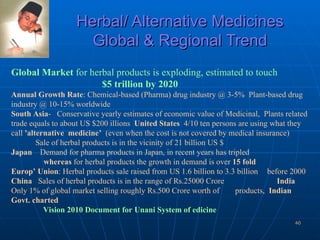 Herbal/ Alternative Medicines Global & Regional Trend Global Market  for herbal products is exploding, estimated to touch   $5 trillion by 2020 Annual Growth Rate : Chemical-based (Pharma) drug industry @ 3-5%  Plant-based drug industry @ 10-15% worldwide  South Asia -  Conservative yearly estimates of economic value of Medicinal,  Plants related trade equals to about US $200 illions  United States   4/10 ten persons are using what they call  'alternative  medicine’   (even when the cost is not covered by medical insurance)  Sale of herbal products is in the vicinity of 21 billion US $  Japan   Demand for pharma products in Japan, in recent years has tripled whereas  for herbal products the growth in demand is over  15 fold Europ’ Union : Herbal products sale raised from US 1.6 billion to 3.3 billion  before 2000 China   Sales of herbal products is in the range of Rs.25000 Crore   India   Only 1% of global market selling roughly Rs.500 Crore worth of  products,  Indian Govt. charted  Vision 2010 Document for Unani System of edicine   