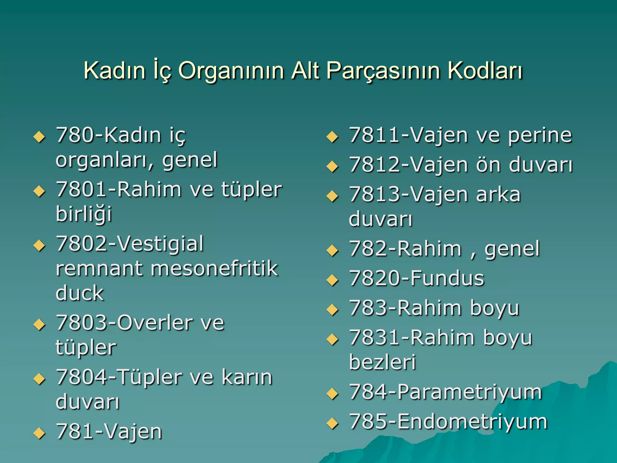 Kadın Ġç Organının Alt Parçasının Kodları
 780-Kadın iç
organları, genel
 7801-Rahim ve tüpler
birliği
 7802-Vestigial
remnant mesonefritik
duck
 7803-Overler ve
tüpler
 7804-Tüpler ve karın
duvarı
 781-Vajen
 7811-Vajen ve perine
 7812-Vajen ön duvarı
 7813-Vajen arka
duvarı
 782-Rahim , genel
 7820-Fundus
 783-Rahim boyu
 7831-Rahim boyu
bezleri
 784-Parametriyum
 785-Endometriyum
 