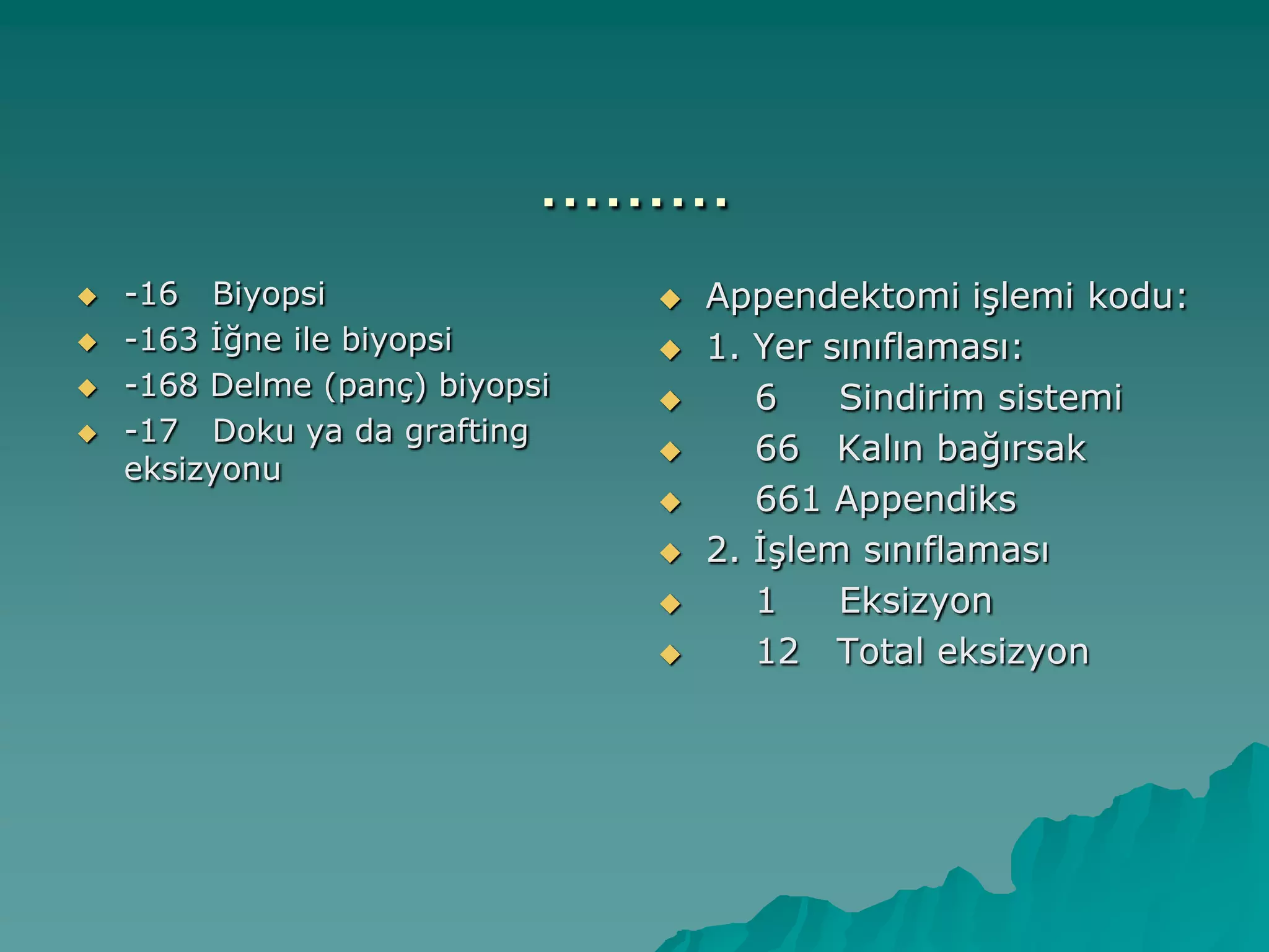 .........
 -16 Biyopsi
 -163 Ġğne ile biyopsi
 -168 Delme (panç) biyopsi
 -17 Doku ya da grafting
eksizyonu
 Appendektomi iĢlemi kodu:
 1. Yer sınıflaması:
 6 Sindirim sistemi
 66 Kalın bağırsak
 661 Appendiks
 2. ĠĢlem sınıflaması
 1 Eksizyon
 12 Total eksizyon
 