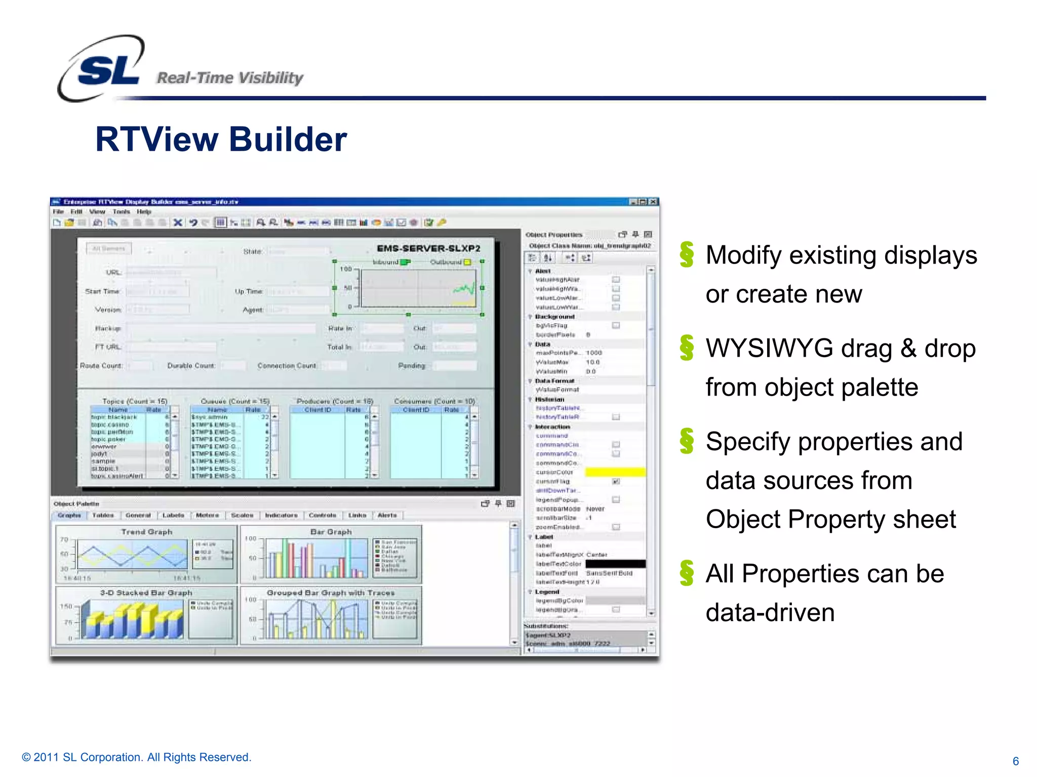 RTView Builder


                                              § Modify existing displays
                                                or create new

                                              § WYSIWYG drag & drop
                                                from object palette

                                              § Specify properties and
                                                data sources from
                                                Object Property sheet

                                              § All Properties can be
                                                data-driven




© 2011 SL Corporation. All Rights Reserved.                                6
 