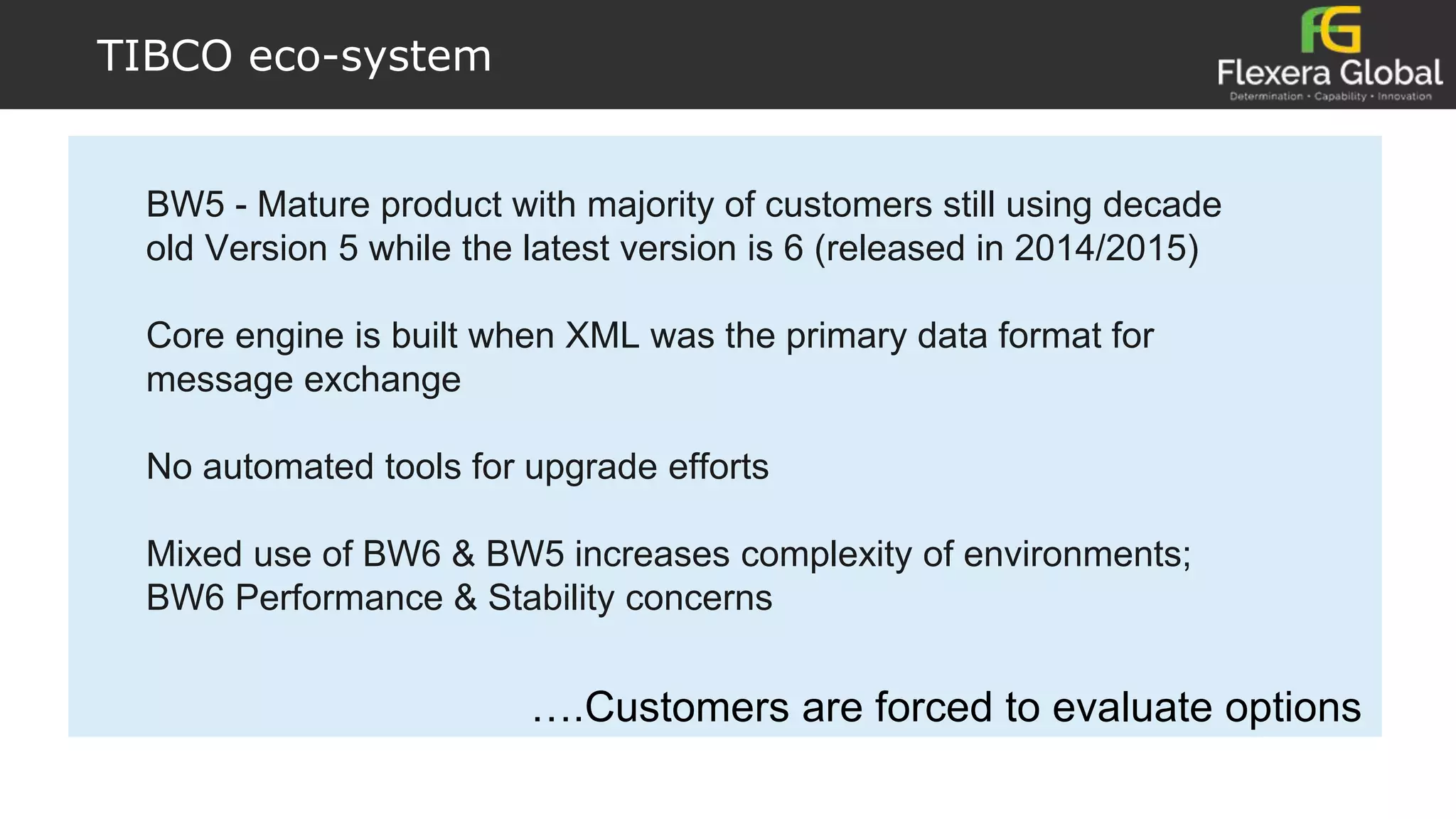 TIBCO eco-system
….Customers are forced to evaluate options
BW5 - Mature product with majority of customers still using decade
old Version 5 while the latest version is 6 (released in 2014/2015)
Core engine is built when XML was the primary data format for
message exchange
No automated tools for upgrade efforts
Mixed use of BW6 & BW5 increases complexity of environments;
BW6 Performance & Stability concerns
 
