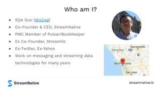 streamnative.io
Who am I?
● Sijie Guo (@sijieg)
● Co-Founder & CEO, StreamNative
● PMC Member of Pulsar/BookKeeper
● Ex Co-Founder, Streamlio
● Ex-Twitter, Ex-Yahoo
● Work on messaging and streaming data
technologies for many years
 