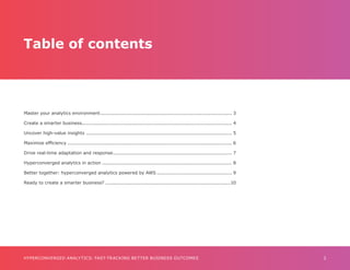 2
HYPERCONVERGED ANALYTICS: FAST-TRACKING BETTER BUSINESS OUTCOMES
Table of contents
Master your analytics environment..................................................................................... 3
Create a smarter business................................................................................................ 4
Uncover high-value insights .............................................................................................. 5
Maximize efficiency.......................................................................................................... 6
Drive real-time adaptation and response............................................................................. 7
Hyperconverged analytics in action.................................................................................... 8
Better together: hyperconverged analytics powered by AWS................................................. 9
Ready to create a smarter business?.................................................................................10
 