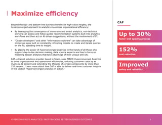 6
HYPERCONVERGED ANALYTICS: FAST-TRACKING BETTER BUSINESS OUTCOMES
Beyond the top- and bottom-line business benefits of high-value insights, the
hyperconverged approach to analytics maximizes organizational efficiency:
•	 By leveraging the convergence of immersive and smart analytics, non-technical 		
	 workers can access and follow guided recommendation systems built into analytics 	
	 workflows and then act on AI-driven suggestions, without the involvement of IT.
•	 “Citizen developers” and other “information explorers” can take advantage of 		
	 immersive apps built on constantly refreshing models to create and iterate queries 	
	 on the fly, speeding time to insight.
•	 By placing the power of hyperconverged analytics in the hands of all those who 		
	 support day-to-day decision making, data science experts are free to focus on 		
	 modeling deeper analyses that take advantage of their unique skill set.
CAF, a transit solutions provider based in Spain, uses TIBCO Hyperconverged Analytics
to drive organizational and operational efficiencies, reducing customer costs by as
much as 30 percent and extending the lifecycle of certain components by more than
150 percent. Learn more about how CAF is able to deliver real-time customer insights
in the section “Hyperconverged analytics in action.”
Maximize efficiency
152%
cost reduction
Improved
safety and reliability
Up to 30%
faster well spacing process
CAF
 