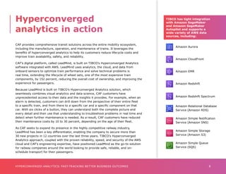 8
HYPERCONVERGED ANALYTICS: FAST-TRACKING BETTER BUSINESS OUTCOMES
Hyperconverged
analytics in action
CAF provides comprehensive transit solutions across the entire mobility ecosystem,
including the manufacture, operation, and maintenance of trains. It leverages the
benefits of hyperconverged analytics to help its customers reduce lifecycle costs and
improve train availability, safety, and reliability.
CAF’s digital platform, called LeadMind, is built on TIBCO’s Hyperconverged Analytics
software integrated with AWS. LeadMind uses analytics, the cloud, and data from
onboard sensors to optimize train performance and solve technical problems is
real time, extending the lifecycle of wheel sets, one of the most expensive train
components, by 152 percent, reducing the overall cost of ownership, and improving the
experience for passengers.
Because LeadMind is built on TIBCO’s Hyperconverged Analytics solution, which
seamlessly combines visual analytics and data science, CAF customers have
unprecedented access to their data and the insights it provides. For example, when an
alarm is detected, customers can drill down from the perspective of their entire fleet
to a specific train, and from there to a specific car and a specific component on that
car. With six clicks of a button, they can understand both the complete picture and
every detail and then use that understanding to troubleshoot problems in real time and
detect when further maintenance is needed. As a result, CAF customers have reduced
their maintenance costs by 10 to 30 percent, depending on the age of their fleet.
As CAF seeks to expand its presence in the highly competitive railway industry,
LeadMind has been a key differentiator, enabling the company to secure more than
30 new projects in 12 countries over the last three years. TIBCO’s Hyperconverged
Analytics approach, coupled with the proven reliability, speed, and security of the AWS
cloud and CAF’s engineering expertise, have positioned LeadMind as the go-to solution
for railway companies around the world looking to provide safe, reliable, and on-
schedule transport for their passengers.
TIBCO has tight integration
with Amazon SageMaker
and Amazon SageMaker
Autopilot and supports a
wide variety of AWS data
sources, including:
Amazon Aurora
Amazon CloudFront
Amazon EMR
Amazon Redshift
Amazon Redshift Spectrum
Amazon Relational Database
Service (Amazon RDS)
Amazon Simple Notification
Service (Amazon SNS)
Amazon Simple Storage
Service (Amazon S3)
Amazon Simple Queue
Service (SQS)
 