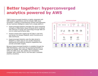 9
HYPERCONVERGED ANALYTICS: FAST-TRACKING BETTER BUSINESS OUTCOMES
TIBCO Hyperconverged Analytics is tightly integrated with
AWS analytics applications and the broader AWS cloud
ecosystem, creating a comprehensive solution that addresses
all your business intelligence needs from a single platform:
•	 Hyperconverged Analytics leverages the cloud computing 	
	 strengths of AWS Elastic Cloud Compute (EC2) combined 	
	 with Internet of Things (IoT) technology through AWS IoT 	
	 core to collect performance data.
•	 Amazon Kinesis then ingests the IoT data in real time, 	
	 and sends it to Amazon Redshift, which functions as a
	 data warehouse.
•	 Hyperconverged Analytics uses the data stored in 		
	 Redshift to create easy-to-use visually interactive
	 dashboards and predictive analytics capabilities that
	 provide actionable insights.
Because Hyperconverged Analytics is available through the
AWS Marketplace, users have the purchasing flexibility to
expand as needed. And, because TIBCO’s solution is built
within the AWS cloud, app updates are immediately
available, data remains secure, and that data is available
anytime, anywhere.
Better together: hyperconverged
analytics powered by AWS
Better together: hyperconverged
analytics powered by AWS
 
