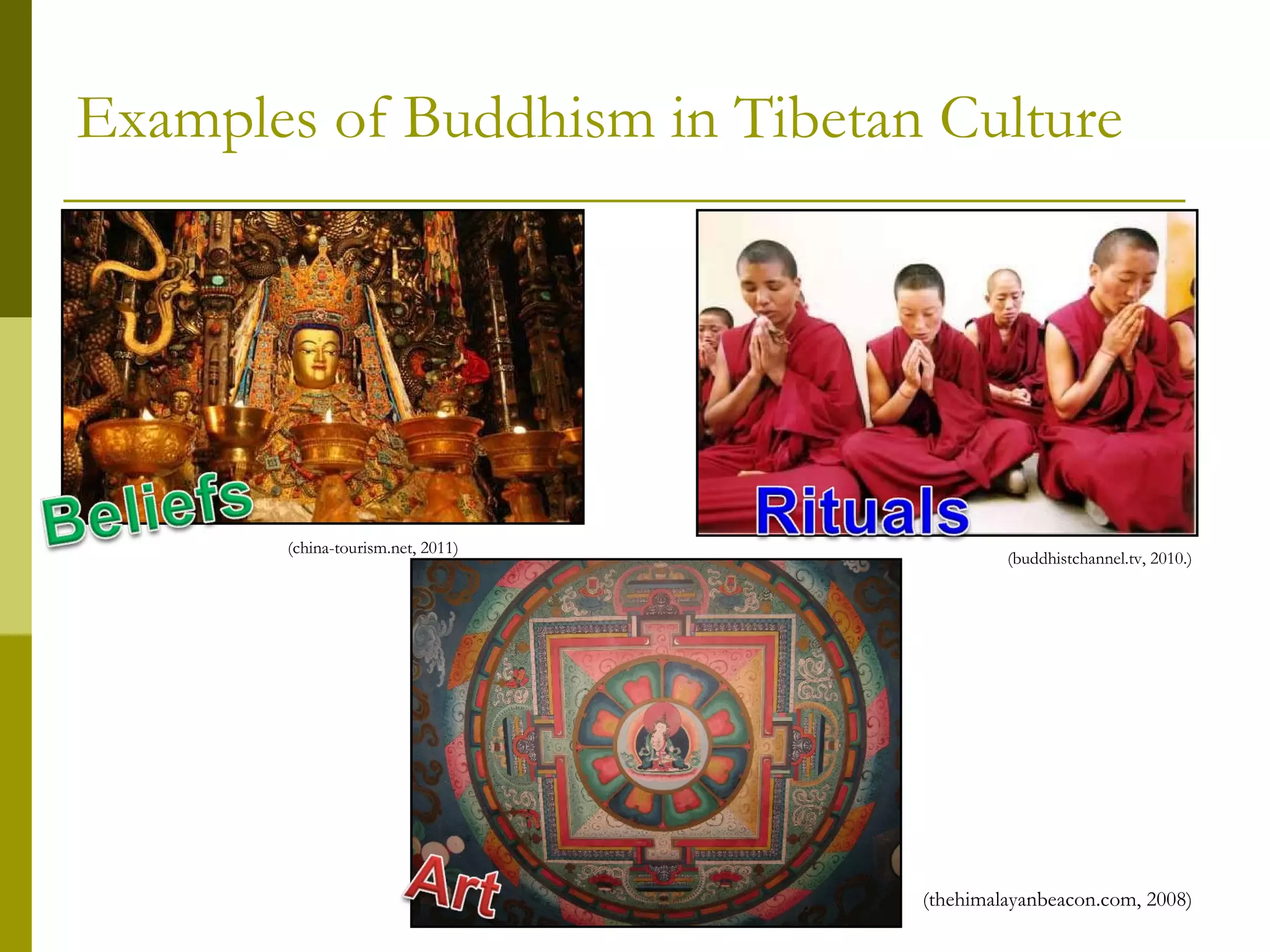 Examples of Buddhism in Tibetan Culture (china-tourism.net, 2011) (buddhistchannel.tv, 2010.) (thehimalayanbeacon.com, 2008) 