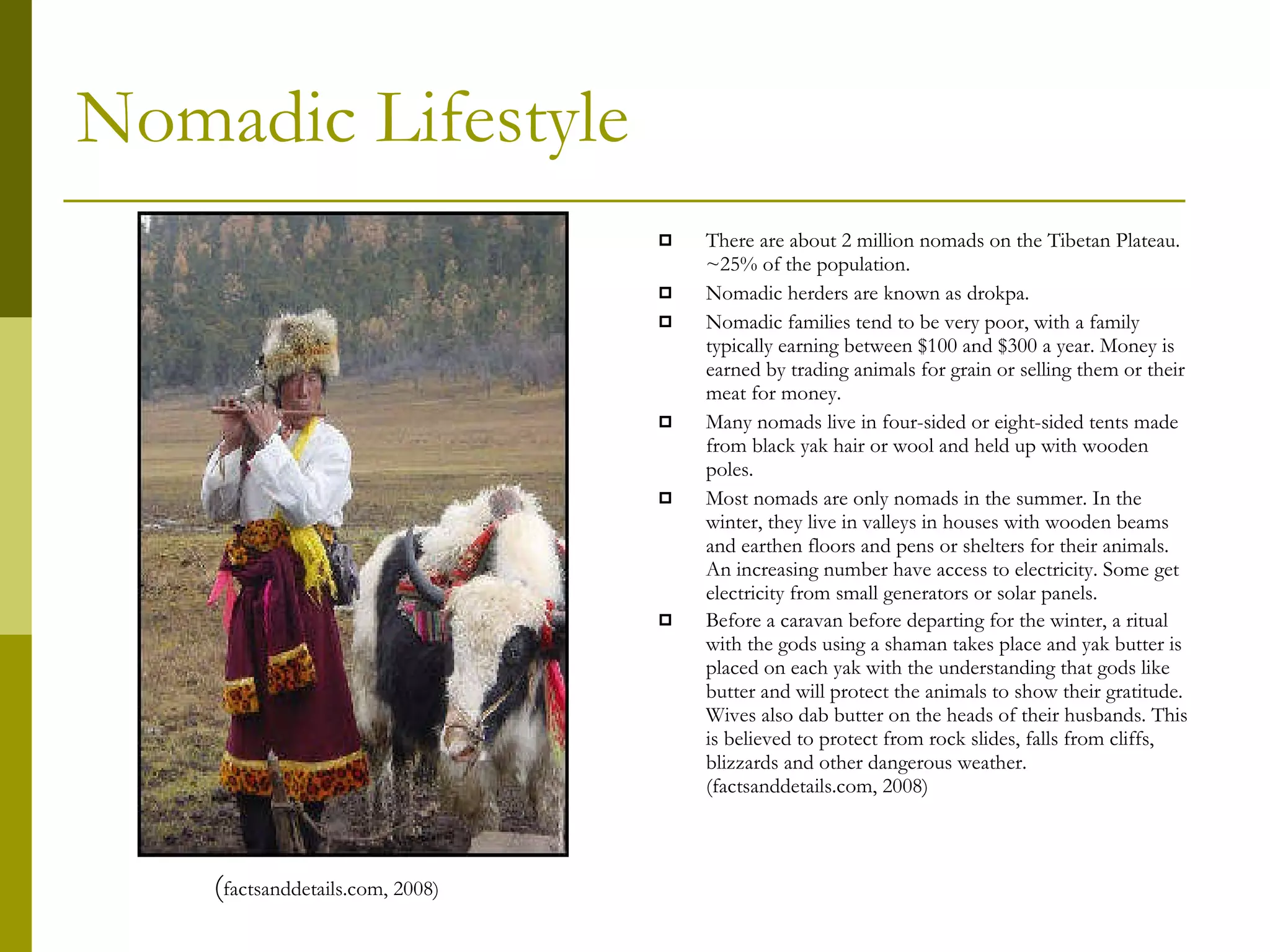 Nomadic Lifestyle There are about 2 million nomads on the Tibetan Plateau. ~25% of the population.  Nomadic herders are known as drokpa. Nomadic families tend to be very poor, with a family typically earning between $100 and $300 a year. Money is earned by trading animals for grain or selling them or their meat for money. Many nomads live in four-sided or eight-sided tents made from black yak hair or wool and held up with wooden poles. Most nomads are only nomads in the summer. In the winter, they live in valleys in houses with wooden beams and earthen floors and pens or shelters for their animals. An increasing number have access to electricity. Some get electricity from small generators or solar panels. Before a caravan before departing for the winter, a ritual with the gods using a shaman takes place and yak butter is placed on each yak with the understanding that gods like butter and will protect the animals to show their gratitude. Wives also dab butter on the heads of their husbands. This is believed to protect from rock slides, falls from cliffs, blizzards and other dangerous weather. (factsanddetails.com, 2008) ( factsanddetails.com, 2008) 