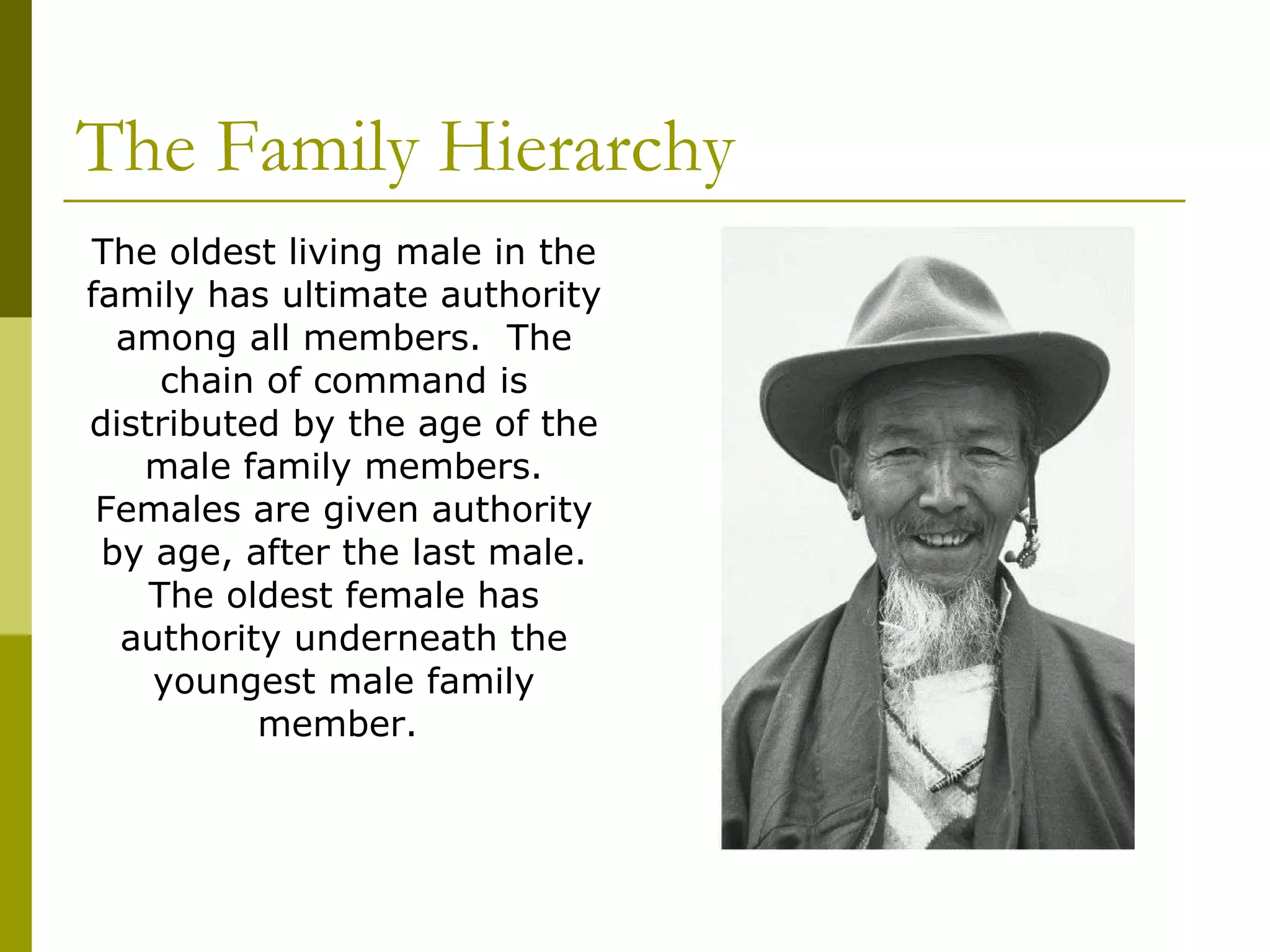 The Family   Hierarchy The oldest living male in the family has ultimate authority among all members.  The chain of command is distributed by the age of the male family members. Females are given authority by age, after the last male. The oldest female has authority underneath the youngest male family member.  