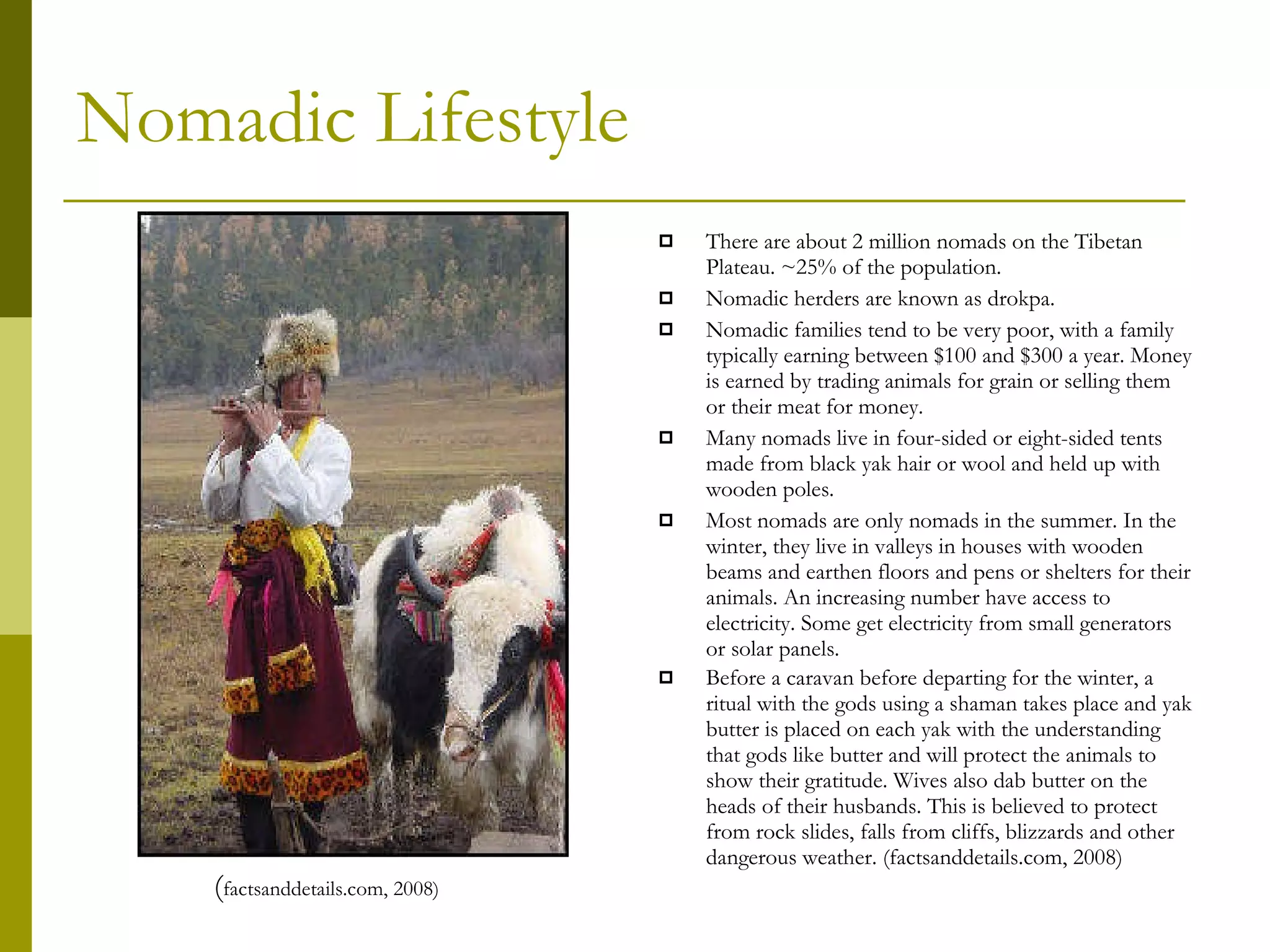 Nomadic Lifestyle There are about 2 million nomads on the Tibetan Plateau. ~25% of the population.  Nomadic herders are known as drokpa. Nomadic families tend to be very poor, with a family typically earning between $100 and $300 a year. Money is earned by trading animals for grain or selling them or their meat for money. Many nomads live in four-sided or eight-sided tents made from black yak hair or wool and held up with wooden poles. Most nomads are only nomads in the summer. In the winter, they live in valleys in houses with wooden beams and earthen floors and pens or shelters for their animals. An increasing number have access to electricity. Some get electricity from small generators or solar panels. Before a caravan before departing for the winter, a ritual with the gods using a shaman takes place and yak butter is placed on each yak with the understanding that gods like butter and will protect the animals to show their gratitude. Wives also dab butter on the heads of their husbands. This is believed to protect from rock slides, falls from cliffs, blizzards and other dangerous weather. (factsanddetails.com, 2008) ( factsanddetails.com, 2008) 
