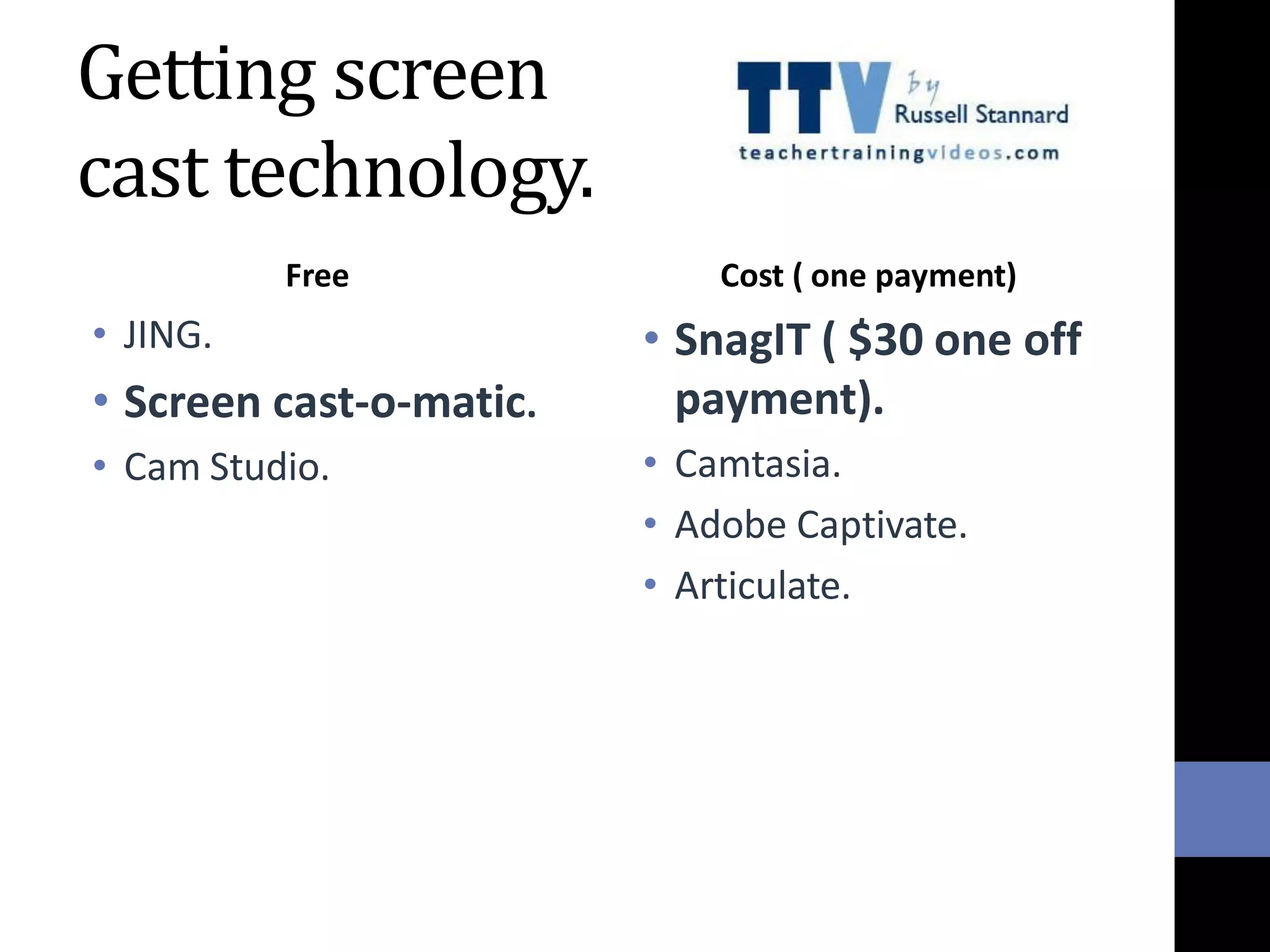 Getting screen
cast technology.
Free
• JING.
• Screen cast-o-matic.
• Cam Studio.
Cost ( one payment)
• SnagIT ( $30 one off
payment).
• Camtasia.
• Adobe Captivate.
• Articulate.
 