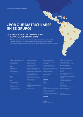 NUESTRA AMPLIA EXPERIENCIA EN
CAPACITACIÓN EMPRESARIAL
¿POR QUÉ MATRICULARSE
EN BS GRUPO?
A lo largo de nuestros 14 años en el mercado hemos tenido la oportunidad de
capacitar a más de 10,000 profesionales de países de toda América Latina. A
continuación una lista de las empresas donde laboran algunos de nuestros egresados:
Argentina
Empresa Constructora Unicon S.R.L.
Minera Santa Cruz S.A.
Patagonia Gold S.A.
Bolivia
Mutual La Primera
Tano S.R.L.
Grupo Ancona S.R.L.
Minera San Cristóbal S.A.
Brazil
Coffey
Chile
Constructora El Dial
Soluciones Computacionales Acquire
Limitada
Promet Servicios S.A.
Constructora Excon Ltda.
Mining Solutions Ltda.
Colombia
ABBA Delta Seguros Ltda.
Consorcio Hidrocucua
IAM Gold Corporation
Constructora Concreto S.A.
B2gold Colombia
Empresa de Fosfatos del Huila S.A.
Tigers Realm Mineral PTY Ltda.
Naciones Unidas de Colombia Unodc
London Mining Ltda.
Ceiba Software House S.A.S.
Intercarbón Mining S.A.S.
Rio Novo Colombia Holdings Ltda.
Minera Quinchia S.A.S.
Aux Colombia S.A.S.
Costa Rica
Desarrolladores de Inocuidad y Salud
Alimentaria
Depal Costa Rica S.A.
Ecuador
Compañía Minera Beloro C.L.
Universidad Nacional de Loja
Minera DMG
Grupo Empresarial Machuca
Compañía Minera Excelmoro S.A.
Ingeniería y Construcciones Yanrom
IAMgold Ecuador S.A.
Ripconciv Constructora
China Gexhouba Group Company
RM Constructores
Coeltec S.A.
Guatemala
Tritón Minera S.A.
Duracril
Ingenia S.A.
México
Compañía Minera Cuzcatlán S.A. de C.V.
Compañía Minera Cutlacan S.A.
Primero Empresa Minera S.A.
Servicios Administrativos Peñoles S.A.
Nicaragua
Tritón Minera S.A.
Paraguay
Banco Itaú Paraguay S.A.
Perú
Petróleos del Perú Petroperu S.A.
Southern Perú Copper
Sociedad Minera Cerro Verde S.A.A.
Banco de Crédito del Perú
Telefónica Móviles S.A.
Minera Barrick Misquichilca S.A.
Alicorp S.A.
Perú Lng
Cia. de Minas Buenaventura S.A.A.
Banco Continental
Unión de Cervecerías Peruanas Backus
y Johnston
Shougang Hierro Perú S.A.A.
Supermercados Peruanos S.A.
Gloria S.A.
Minsur S.A.
Saga Falabella S.A.
Corporación Aceros Arequipa S.A.
Volcán Cia. Minera S.A.A.
Corporación Lindley S.A.
Venezuela
Petróleos de Venezuela S.A.
5 | Curso Big Data con MongoDB, Hadoop y Spark
 
