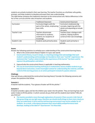 students are actively involved in their own learning. The teacher functions as a facilitator who guides,
prompts, and helps students to develop and assess their own understanding.
The table below compares the traditional classroom to the constructivist one. Notice differences in the
foci of the curricula and the roles of teachers and students.
Traditional Classroom Constructivist Classroom
Curriculum Curriculum begins with the
parts of the whole, emphasizing
basic skills.
Curriculum emphasizes big
concepts, beginning with the
whole and expanding to include
the parts.
Teacher's role Teachers disseminate
information to students;
students are recipients of
knowledge.
Teachers have a dialogue with
students, helping students
construct their own knowledge.
Student's role Students work primarily alone. Students work primarily in
groups.
Assess
Answer the following questions to verbalize your understanding of the constructivist learning theory.
1. What is the constructivist theory? Explain it in your own words.
 Constructivist theory, to put it simply, is a teaching strategy that acknowledge that each
student’s understanding and knowledge are founded on their own “real life” experiences. The
statement that “reality is determined by the experiences of the learner” has been used to
express it by philosophers and others.
2. Expound why the constructivist theory is applicable in teaching mathematics.
 The use of constructivist teaching techniques in mathematics classes enables students to go
beyond direct instruction, create meaningful context for understanding the material, and take
control of the learning process as an active participant instead of a passive observer.
Challenge
How well do you understand the constructivist learning theory? Consider the following scenarios and
answer the questions that follow.
Scenario 1
A teacher told the students, "Four glasses of water will fill this pitcher."
Scenario 2
A teacher provides a glass and lets the children pour water into the pitcher. They are learning how much
water it takes to fill the pitcher. In which scenario do you think will the students learn better? Why do
you think so?
 The teacher provided a more thorough explanation of scenario 2 than scenario 1 did. Not all
kids grasp things we say right away, therefore we should clarify things to them more clearly so
they can understand. A strict and hurried learning environment may not be suitable for all
students. As a result, a discrepancy between their actual ability and performance level
develops, leading to the label of "slow learners" for these kids.
 