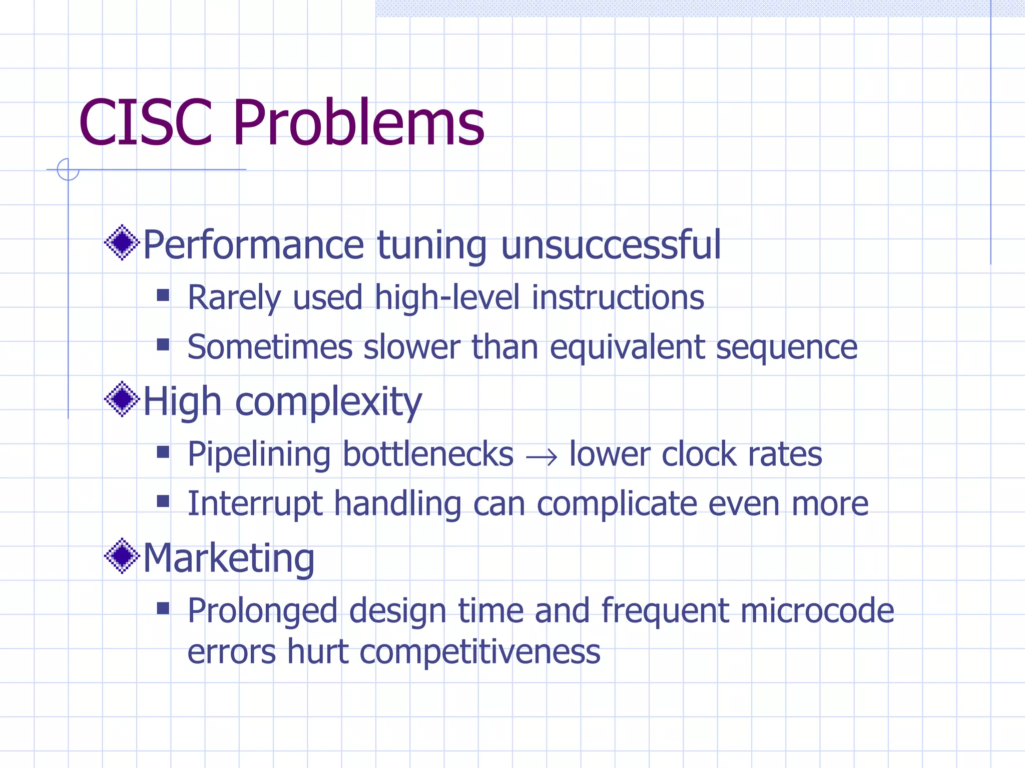 CISC Problems Performance tuning unsuccessful Rarely used high-level instructions Sometimes slower than equivalent sequence High complexity Pipelining bottlenecks    lower clock rates Interrupt handling can complicate even more Marketing Prolonged design time and frequent microcode errors hurt competitiveness 