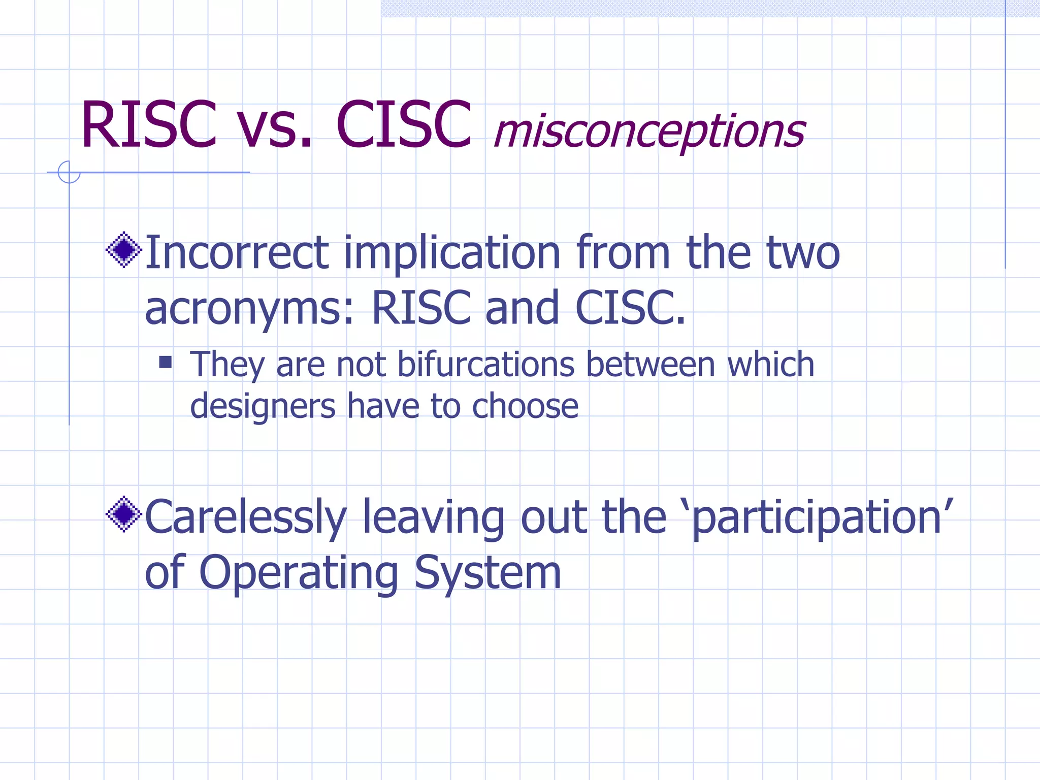 RISC vs. CISC  misconceptions Incorrect implication from the two acronyms: RISC and CISC. They are not bifurcations between which designers have to choose Carelessly leaving out the ‘participation’ of Operating System 