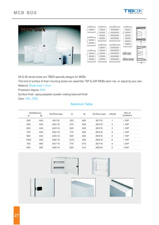 MCB BOX
DOOR(mm)
H W
H W
300
450
600
750
900
1050
750
800
325
475
625
775
925
1075
775
925
465
465
465
465
465
465
610
610
440
440
440
440
440
400
585
585
AS116
AS2 16
AS3 16
AS4 16
AS5 16
AS6 16
AS7 16
AS8 16
AE116
AE216
AE316
AE416
AE516
AE616
AE716
AE816
1
2
3
4
5
6
4
5
16P
16P
16P
16P
16P
16P
24P
24P
Surface type Surface type NO.of
breakers
1 ROW
AS & AE series boxes are TIBOX specially designs for MCBs.
This kind of surface & flush mounting boxes can assemble 16P & 24P MCBs each row, or adjust by your own.
Material:
Protection degree:
Surface finish: epoxy polyester powder coating textured finish
Color:
Sheet steel 1.2mm
IP41
RAL 7035
440
440
440
440
440
585
585
440 440585
300450600
900
900
115115
750
750
1050
AE
AS
Selection Table
MCB BOXMCB BOX
27
 