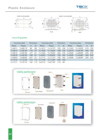 Plastic Enclosure
mounting plate Dimension
Metal Plastic H W
TJ-0811
TJ-0813
TJ-0816
TJ-0818
TJ-0825
TJ-1212
TJ-1217
TJ-1417
TJ-1520
TJ-1525
TJ-2020
TJ-1717
TJ-1725
TJ-0712
TJ-1423
TJ-2819
TJ-2828
TJ-3428
TJ-3828
TJ-0811P
TJ-0813P
TJ-0816P
TJ-0818P
TJ-0825P
TJ-1212P
TJ-1217P
TJ-1417P
TJ-1520P
TJ-1525P
TJ-2020P
TJ-1717P
TJ-1725P
TJ-0712P
TJ-1423P
TJ-2819P
TJ-2828P
TJ-3428P
TJ-3828P
mounting plate mounting plateDimension Dimension
Metal MetalPlastic PlasticH HW W
215
260
245
300
345
92
118
147
168
237
112
162
155
189
235
180
160
230
110
125
160
245
245
245
68
67
67
67
67
112
112
128
135
135
180
160
155
60
mounting plate
41
metal mounting plate
front back
plastic mounting plate
Installing assembly diagram
Installing assembly diagram
 