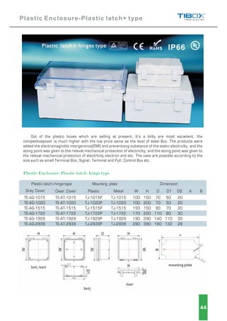 Plastic Enclosure-Plastic latch+ type
Out of the plastio boxes which are selling at present, It's a blilty are most escwlient, the
competitivepover is much higher with the low price same as the levsl of steel Box. The products were
added the electromagnotlo intorgerence(EMI) and preventiong substance of the static electriclty, and the
stong point was glven to the relevat mechanical proteciton of electriclty, and the stong point was glven to
the relevat mechanical protection of electrlcity,electron and etc. The uses are possible according to the
size such as small Terminal Box, Signal, Terminal and Pull, Control Box etc.
Plastic Enclosure-Plastic latch+hinge type
MetalPlastic A B
70
70
90
110
140
160
TE-AG-1015
1020
1515
1722
1929
2939
TE-AG-
TE-AG-
TE-AG-
TE-AG-
TE-AG-
TE-AT-1015
T 1020
T 1515
T 1722
T 1929
T 2939
TE-A -
TE-A -
TE-A -
TE-A -
TE-A -
TJ-1015P
J 1020P
J 1515P
J 1722P
J 1929P
J 2939P
T -
T -
T -
T -
T -
TJ-1015
J 1020
J 1515
J 1722
J 1929
J 2939
T -
T -
T -
T -
T -
50
50
70
80
110
132
20
20
20
30
30
28
Grey Cover Clear Cover
Plastic latch hinge type Mounting plate Dimension
W H D D1 D2
100
100
150
170
190
290
150
200
150
220
290
390
44
R
 