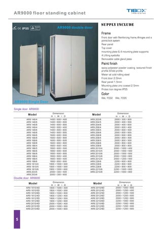 5
AR9000 Single Door
IP55 TUV Rheinland
BAUART
GEPRUFT
TYPE
APPROVED
Double door AR9000
Single door AR9000
AR9000 floor standing cabinet
AR9000 double door
Frame
Paint finish
Color
Front door with Reinforcing frame,4hinges and a
points lock system
Rear panel
Top cover
mounting plate & 4 mounting plate supports
4 Lifting eyebolts
Removable cable gland plate
epoxy polyester powder coating textured finish
profile:9-fold profile
Mater ial:cold rolling steel
Front door:2.0mm
Rear panel:1.5mm
Mounting plate:zinc coated 2.5mm
Protec tion degree:IP55
RAL 7032 RAL 7035
SUPPLY INCLUDE
Dimension
Model
H W D
AR9 146/4
AR9 146/6
AR9 146/8
AR9 148/4
AR9 148/6
AR9 148/8
AR9 166/6
AR9 166/8
AR9 168/6
AR9 168/8
AR9 186/4
AR9 186/5
AR9 186/6
AR9 186/8
AR9 188/4
AR9 188/5
AR9 188/6
AR9 1810/4
AR9 1810/5
AR9 1810/6
AR9 203/5
AR9 203/6
1400 600 400
1400 600 600
1400 600 800
1400 800 400
1400 800 600
1400 800 800
1600 600 600
1600 600 800
1600 800 600
1600 800 800
1800 600 400
1800 600 500
1800 600 600
1800 600 800
1800 800 400
1800 800 500
1800 800 600
1800 1000 400
1800 1000 500
1800 1000 600
2000 300 500
2000 300 600
AR9 203/8
AR9 204/5
AR9 204/6
AR9 206/4
AR9 206/5
AR9 206/6
AR9 206/8
AR9 208/4
AR9 208/5
AR9 208/6
AR9 208/8
AR9 2010/4
AR9 2010/5
AR9 2010/6
AR9 2010/8
AR9 2012/4
AR9 226/8
AR9 228/6
AR9 228/8
AR9 2210/6
AR9 2210/8
2000 300 800
2000 400 500
2000 400 600
2000 600 400
2000 600 500
2000 600 600
2000 600 800
2000 800 400
2000 800 500
2000 800 600
2000 800 800
2000 1000 400
2000 1000 500
2000 1000 600
2000 1000 800
2000 1200 400
2200 600 800
2200 800 600
2200 800 800
2200 1000 600
2200 1000 800
Dimension
Model
H W D
AR9 1810/4D
AR9 1810/5D
AR9 1810/6D
AR9 1812/4D
AR9 1812/5D
AR9 1812/6D
AR9 2010/4D
AR9 2010/5D
AR9 2010/6D
1800 1000 400
1800 1000 500
1800 1000 600
1800 1200 400
1800 1200 500
1800 1200 600
2000 1000 400
2000 1000 500
2000 1000 600
AR9 2010/8D
AR9 2012/4D
AR9 2012/5D
AR9 2012/6D
AR9 2012/8D
AR9 2210/6D
AR9 2210/8D
AR9 2212/6D
AR9 2212/8D
2000 1000 800
2000 1200 400
2000 1200 500
2000 1200 600
2000 1200 800
2200 1000 600
2200 1000 800
2200 1200 600
2200 1200 800
Dimension
Model
H W D
Dimension
Model
H W D
 