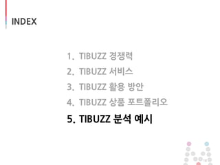 INDEX
1. TIBUZZ 경쟁력
2. TIBUZZ 서비스
3. TIBUZZ 활용 방안
4. TIBUZZ 상품 포트폴리오
5. TIBUZZ 분석 예시
18
 