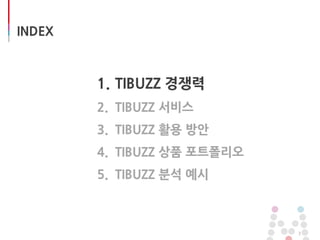 INDEX
1. TIBUZZ 경쟁력
2. TIBUZZ 서비스
3. TIBUZZ 활용 방안
4. TIBUZZ 상품 포트폴리오
5. TIBUZZ 분석 예시
3
 