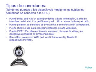 Tipos de conexiones: (llamamos puertos a los dispositivos mediante los cuales los periféricos se conectan a la CPU) Puerto serie: Sólo hay un cable por donde viaja la información, la cual se transfiere de bit a bit. Los periféricos que lo utilizan son el teclado y el ratón. Puerto paralelo: se transfiere de byte a byte, y se conecta con la impresora. Puerto USB: se usa para conectar periféricos de alta velocidad. Puerto IEEE 1364: alto rendimiento, usado en cámaras de video y en dispositivos portátiles de almacenamiento. Sin cables: tales como WIFI (red local internacional) y Bluetooth (dispositivos móviles). Volver 