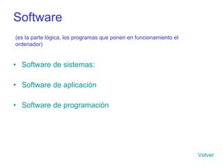 Software  Software de sistemas: Software de aplicación Software de programación Volver (es la parte lógica, los programas que ponen en funcionamiento el ordenador) 