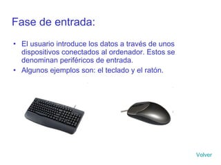Fase de entrada: El usuario introduce los datos a través de unos dispositivos conectados al ordenador. Estos se denominan periféricos de entrada. Algunos ejemplos son: el teclado y el ratón. Volver 