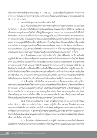 120 วารสารชุมชนวิจัย ปีที่ 12 ฉบับที่ 1 (มกราคม - เมษายน 2561)
เพื่อเตรียมความพร้อมเข้าสู่ประชาคมอาเซียน (X = 3.73, S.D. = 0.60) รายข้อระดับน้อยที่สุดคือ มีการกระจาย
อ�ำนาจการบังคับบัญชาในทุกภาคส่วนเพื่อการให้บริการที่ตอบสนองต่อความหลากหลายของประชาชน                 
(X = 3.67, S.D. = 0.69)  
	 	 1.2	 ผลการวิจัยเชิงคุณภาพ จ�ำแนกเป็นรายด้าน ดังนี้
	 	 	 1.2.1	 ด้านหลักนิติธรรมพบว่าประชาชนมีความรู้ความเข้าใจทราบกฎหมายและกฎระเบียบ
ข้อบังคับต่าง ๆ เกี่ยวกับงานที่ปฏิบัติอยู่อย่างถูกต้องและชัดเจน ข้อแนะน�ำเพื่อการปฏิบัติการ ควรเพิ่มความ
เข้มงวดและควบคุมวินมอเตอร์ไซด์รับจ้างให้ปฏิบัติตามกฎหมายการจราจรเช่นการสวมหมวกนิรภัยมีใบขับขี่
มีป้ายเหลือง และการแต่งกายให้เรียบร้อย การระบบสัญญาณไฟ รวมไปถึงการขายสินค้า ขายอาหาร บริเวณ
ทางเท้าและสถานที่อื่น ๆ ให้เป็นไปตามกฎระเบียบข้อบังคับใช้ที่ชัดเจน โดยค�ำนึงถึงความเป็นธรรมและความ
เสมอภาค ควบคุมดูแลให้ทั่วถึงมากขึ้น รวมถึงปัญหาการทิ้งขยะไม่ถูกที่และปริมาณขยะที่เพิ่มมากขึ้น ควรเพิ่ม
จ�ำนวนถังขยะ ก�ำหนดจุดการวางถึงขยะให้เหมาะสมและเพียงพอ และการก�ำกับ ติดตาม ประเมินผลการ        
ด�ำเนินงานที่ชัดเจน เป็นไปตามระบบโครงสร้าง กระบวนการต่าง ๆ ที่ได้วางแนวปฏิบัติหรือวางกฎเกณฑ์           
เพื่อเป็นแนวทางในการพัฒนาและการอยู่ร่วมกันในสังคมอย่างสันติสุขและเป็นธรรมให้ดียิ่ง ๆ ขึ้นไป
	 	 	 1.2.2	 ด้านหลักคุณธรรมพบว่าผู้บริหารมีการบริหารจัดการที่ยึดหลักธรรมาภิบาลเป็นหลัก
ปฏิบัติหน้าที่ด้วยความเที่ยงธรรมเพื่อหน่วยงานและประชาชนด้วยจริงใจ ขยัน อดทน มีระเบียบวินัย ซื่อสัตย์
สุจริต ไม่มีเล่ห์เหลี่ยม ปฏิบัติหน้าที่อย่างตรงไปตรงมาปราศจากความรู้สึกล�ำเอียงหรืออคติ สามารถเปิดเผย
ตรวจสอบความเท็จจริงได้ และบุคลากรให้บริการและปฏิบัติงานด้วยความเป็นธรรมเสมอภาคได้ดี มีความ
ซื่อสัตย์สุจริตโดยยึดหลักการมีส่วนร่วมได้รับการส่งเสริมให้พัฒนาตนเองไปพร้อมกับการปฏิบัติงานและน�ำมา
ปรับใช้ส่งเสริมสนับสนุนให้ประชาชนพัฒนาตนเองไปพร้อมกัน และมีการเข้าตรวจสอบความเรียบร้อย              
อย่างสม�่ำเสมอ เช่น การดูแลจัดระเบียบแผงลอยตามบริเวณทางเท้า และช่วยแก้ไขปัญหาให้แก่ประชาชน           
ที่เดือดร้อนอยู่เสมอ ด้วยไมตรีจิต บริการด้วยความเป็นกัลยาณมิตรพร้อมให้บริการทุกคนอย่างเป็นธรรม
	 	 	 1.2.3	 ด้านหลักความโปร่งใสในการท�ำงาน พบว่า การบริหารงานและกิจกรรมต่าง ๆ มีการ
สรุปรายงานและประชาสัมพันธ์ให้ทราบอย่างเปิดเผย เผยแพร่ข้อมูลที่ดีผ่านสื่อต่าง ๆ ให้ประชาชนได้ทราบ
อย่างต่อเนื่อง มีการเรียกประชุมติดป้ายโฆษณา ประชาชนเข้าถึงข้อมูลข่าวสาร ได้สะดวกและเข้าใจง่าย                 
มีกระบวนการให้ประชาชนสามารถตรวจสอบความถูกต้อง ได้อย่างชัดเจน สอบความถูกต้อง อย่างชัดเจน              
เกิดประโยชน์สูงสุด และการเปิดโอกาสให้ประชาชนแสดงความคิดเห็น แต่ส่วนใหญ่ประชาชนจะไม่ค่อย              
ให้ความสนใจและไม่ค่อยเข้ามามีส่วนร่วมในกระบวนการต่าง ๆ นี้มากเท่าที่ควร
	 	 	 1.2.4	 ด้านหลักการมีส่วนร่วม พบว่า มีการจัดประชุมเพื่อเปิดโอกาสให้บุคลากรและ            
หน่วยงานอื่น ๆ รวมถึงประชาชนมีส่วนรับรู้การวางแผนการปฏิบัติงานในการท�ำงาน มีส่วนร่วมในการเสนอ
แนะและแสดงข้อคิดเห็นการแสดงถึงความส�ำนึกในการรับผิดชอบต่อปัญหาสาธารณะการลงประชามติในการ
ท�ำโครงการและจัดกิจกรรมต่าง ๆ มีส่วนร่วมในการจัดหาและจัดซื้อเป็นบางกรณี ผู้บริหารงานและบุคลากร
ยินดีรับฟังค�ำแนะน�ำและข้อเสนอแนะจากองค์กรภาครัฐและภาคเอกชน แต่ประชาชนส่วนใหญ่มักจะไม่ค่อย
เห็นความส�ำคัญในส่วนนี้มากนัก
	 	 	 1.2.5	 ด้านหลักความรับผิดชอบ พบว่า การปฏิบัติงานของบุคลากรและเจ้าหน้าที่ตระหนัก
ในสิทธิหน้าที่ความส�ำนึกในความรับผิดชอบต่อสังคมการใส่ใจปัญหาสาธารณะของบ้านเมืองและกระตือรือร้น
 