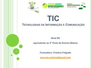 TICTecnologias da Informação e Comunicação Nível B3 equivalente ao 3º Ciclo do Ensino Básico Formadora: Cristina Folgado esa.cno.cristina@gmail.com 1 