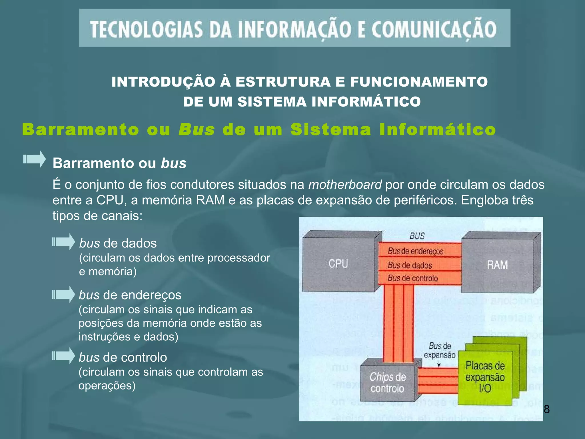 Barramento ou  Bus  de um Sistema Informático Barramento ou  bus É o conjunto de fios condutores situados na  motherboard  por onde circulam os dados entre a CPU, a memória RAM e as placas de expansão de periféricos. Engloba três  tipos de canais: bus  de endereços (circulam os sinais que indicam as  posições da memória onde estão as  instruções e dados) bus  de dados (circulam os dados entre processador e memória) bus  de controlo (circulam os sinais que controlam as  operações) INTRODUÇÃO À ESTRUTURA E FUNCIONAMENTO  DE UM SISTEMA INFORMÁTICO 