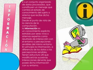 E s un conjunto organizado
de datos procesados, que
constituyen un mensaje que
cambia el estado de
conocimiento del sujeto o
sistema que recibe dicho
mensaje.
Desde el punto de vista de
la ciencia de la
computación,
la información es
un conocimiento explícito
extraído por seres vivos o
sistemas expertos como
resultado de interacción con
el entorno o percepciones
sensibles del mismo entorno.
En principio la información, a
diferencia de los datos o las
percepciones sensibles,
tienen estructura útil que
modificará las sucesivas
interacciones del ente que
posee dicha información
con su entorno.
 