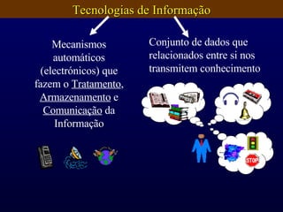 Conjunto de dados que relacionados entre si nos transmitem conhecimento Mecanismos automáticos (electrónicos) que fazem o  Tratamento ,  Armazenamento  e  Comunicação  da Informação Tecnologias de Informação 